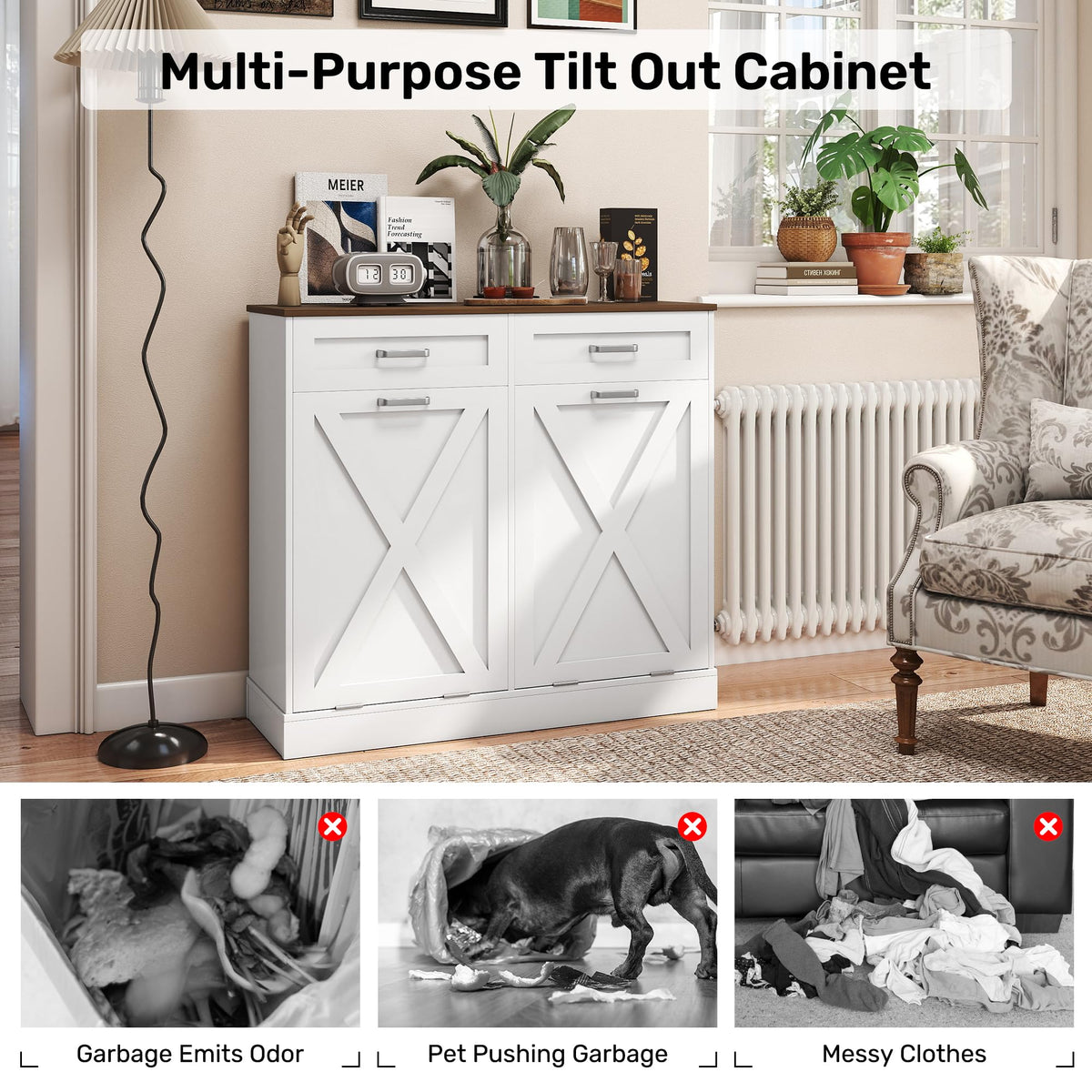 2 x 10 Gallons Double Tilt Out Wooden Trash Can Cabinet with Storage Drawers R341