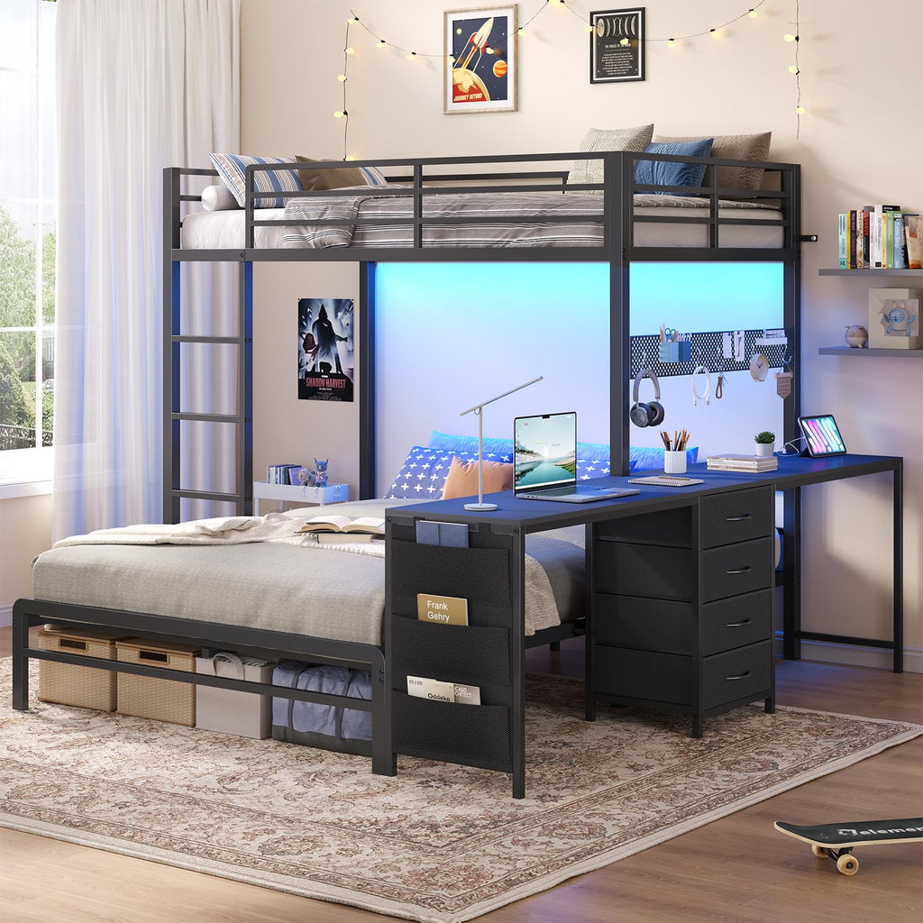 Black Twin Over Full Bunk Bed with Desk and Storage Drawers V420