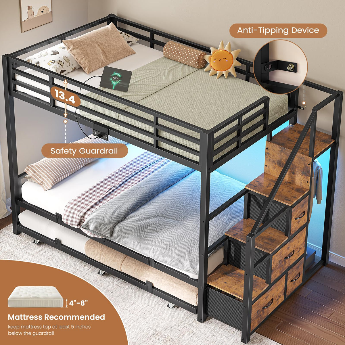 Twin Over Twin Metal Bunk Bed with Trundle and Staircase, Black X23144