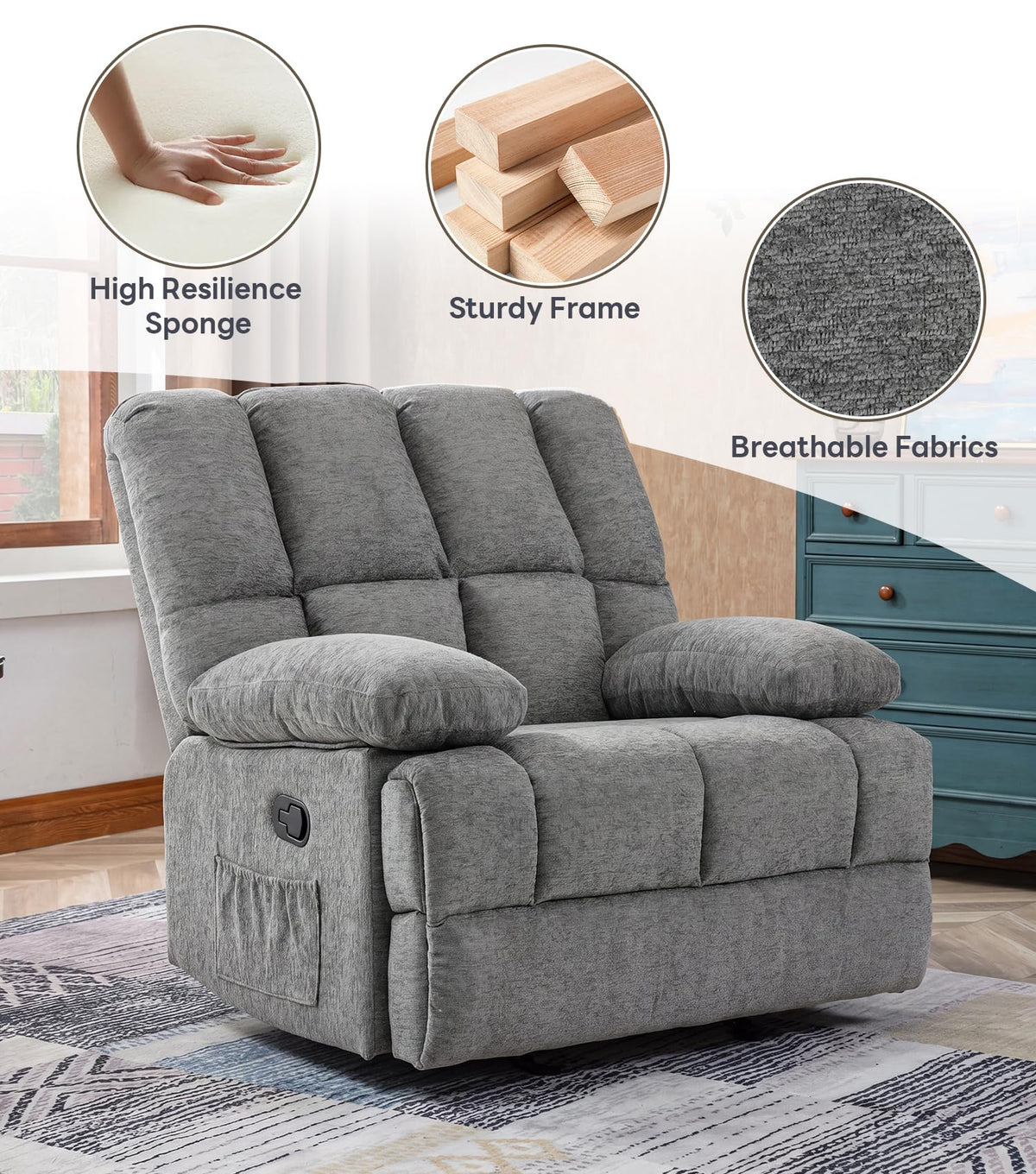 41" Oversized Chenille Rocker Recliner Chair Grey 350 LBS Capacity G194