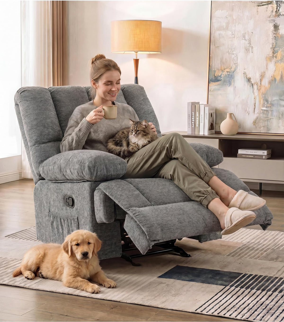 41" Oversized Chenille Rocker Recliner Chair Grey 350 LBS Capacity G194
