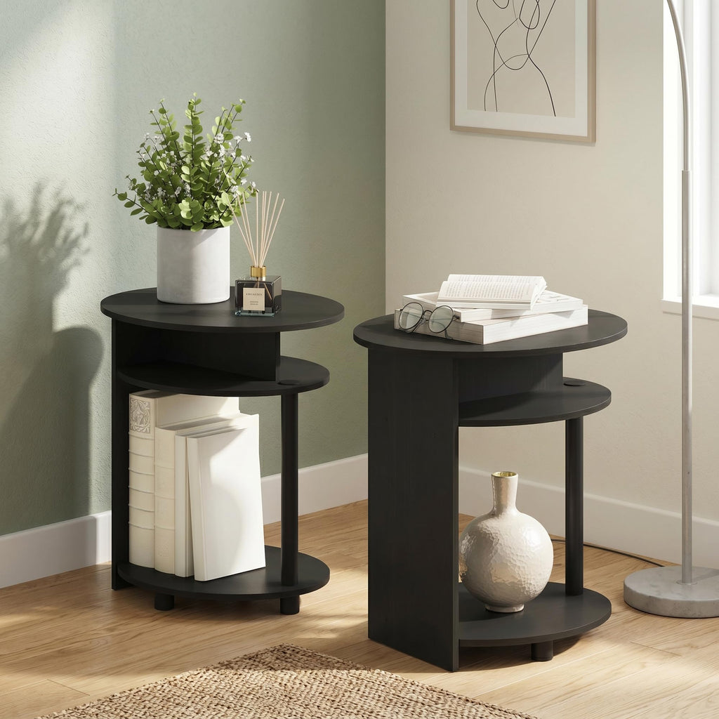 Set of 2 Round End Table with Oval Tabletop and Open Shelf, Walnut R5091