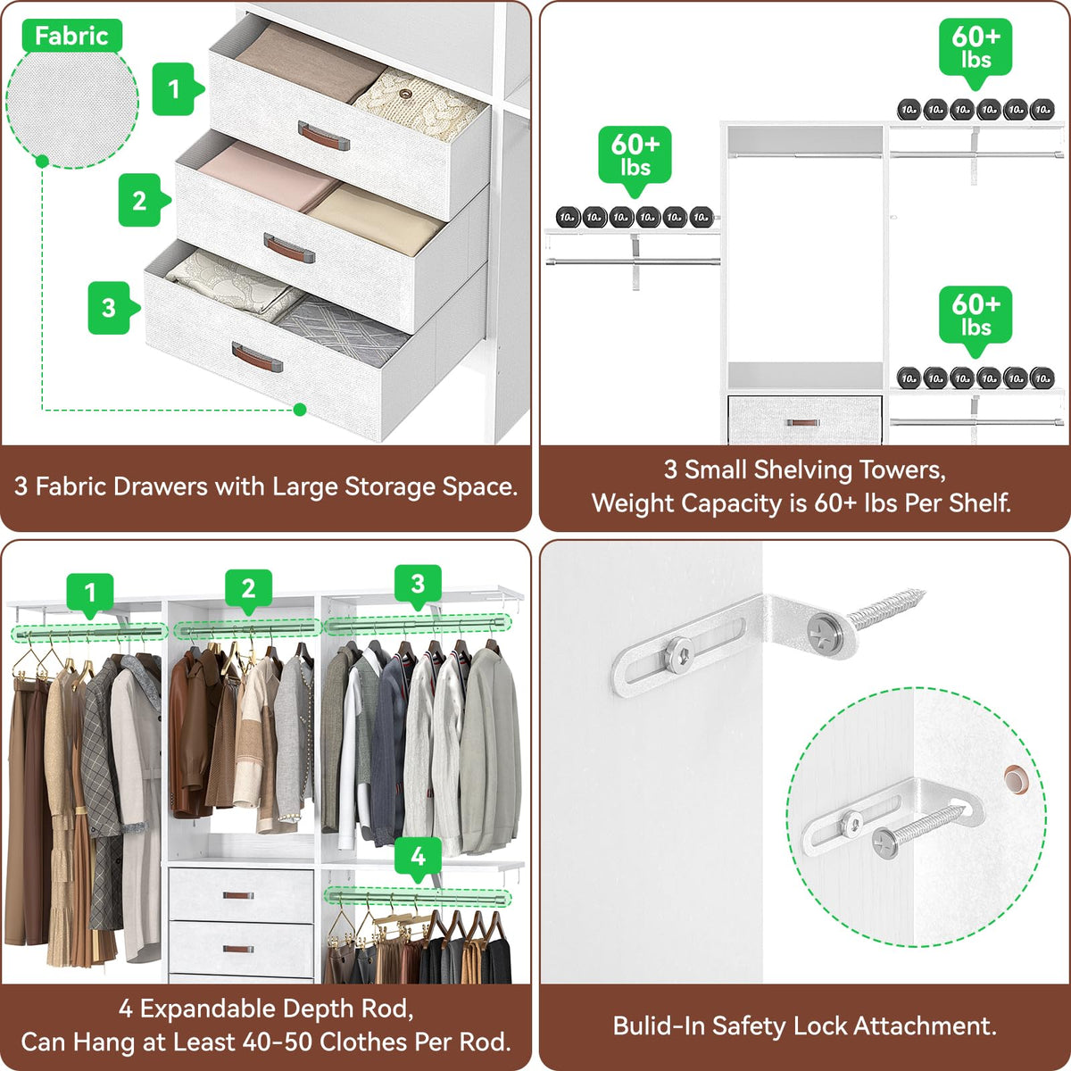 5FT Closet System with 3 Fabric Drawers S3318