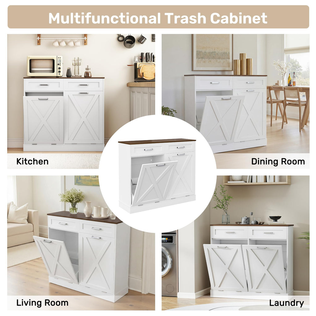 2 x 10 Gallons Double Tilt Out Wooden Trash Can Cabinet with Storage Drawers R341