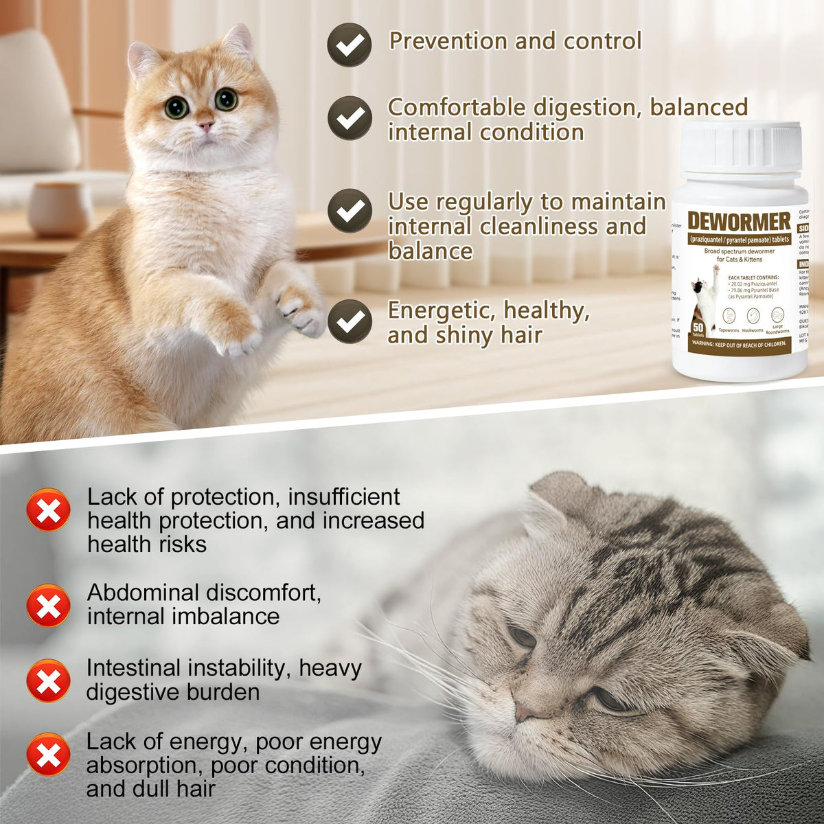 Broad-Spectrum Dewormer for Cats & Kittens, 50 Tablets H202