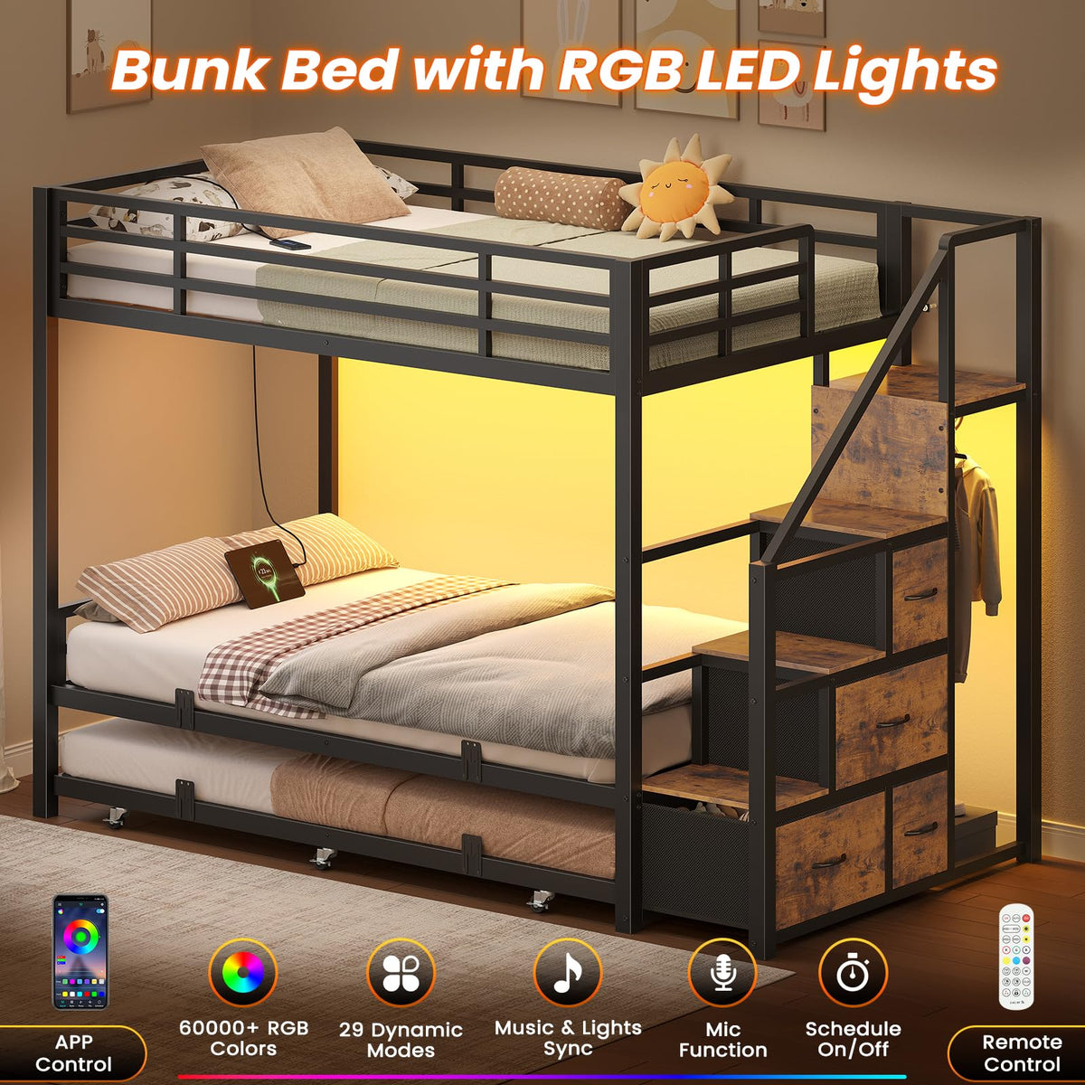 Twin Over Twin Metal Bunk Bed with Trundle and Staircase, Black X23144