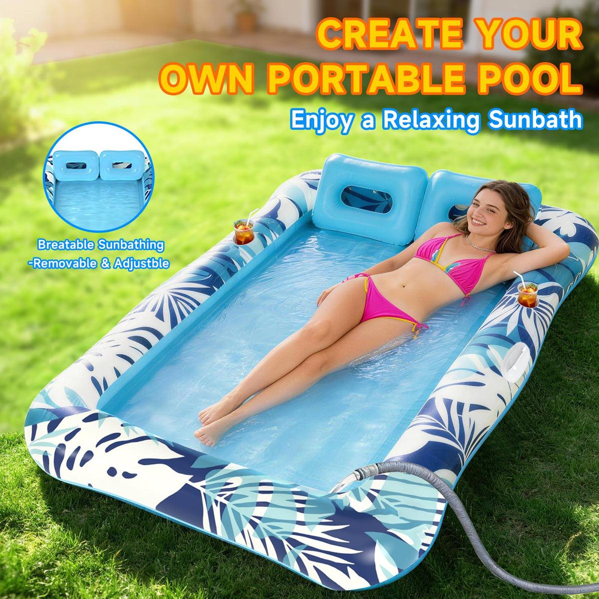 75"x64" XXL Inflatable Tanning Pool Lounger Float with Pillow Blue Z68812