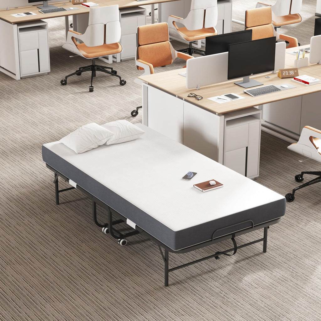 Folding Bed with Mattress, Twin Size Metal Bed Frame with Wheels H547043