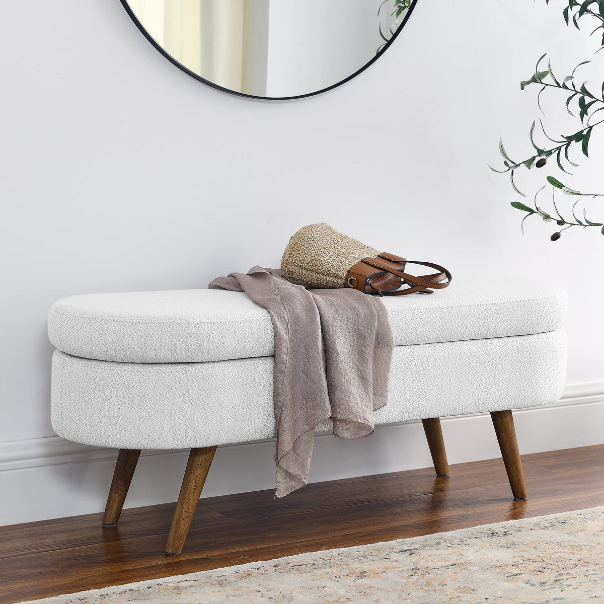 White Storage Bench with Rubber Wood Legs Z35270