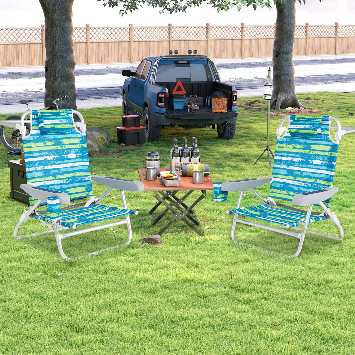 2Pcs Folding Camping Chair with Adjustable Backrest, Cup Holder & Headrest, Green U1560