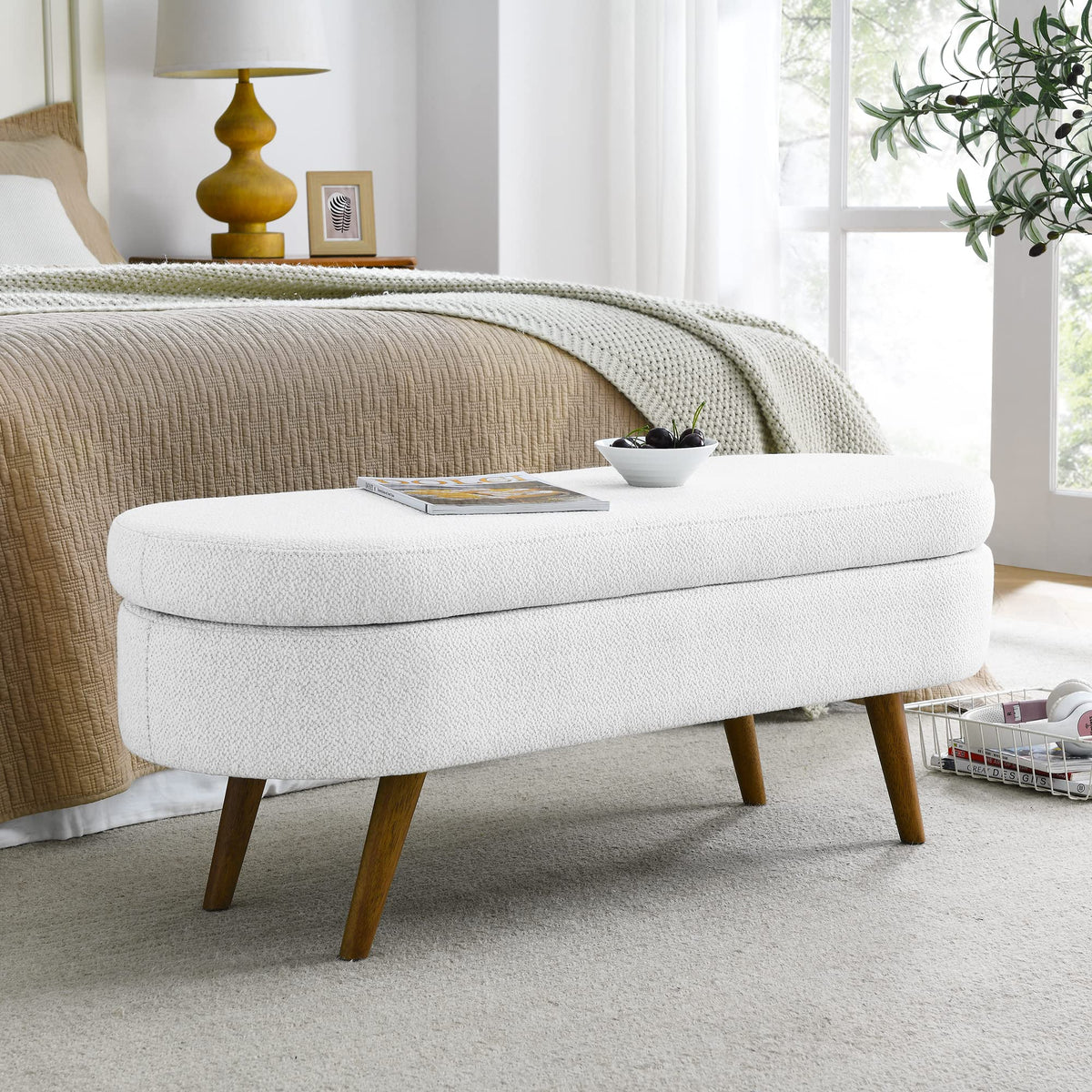 White Storage Bench with Rubber Wood Legs Z35270