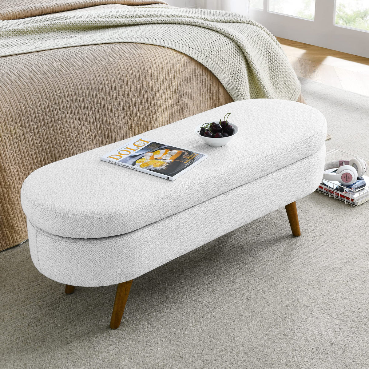 White Storage Bench with Rubber Wood Legs Z35270